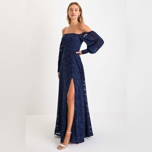 NWT LULUS Radiantly Stunning Navy Blue Burnout Off-the-Shoulder Maxi Dress